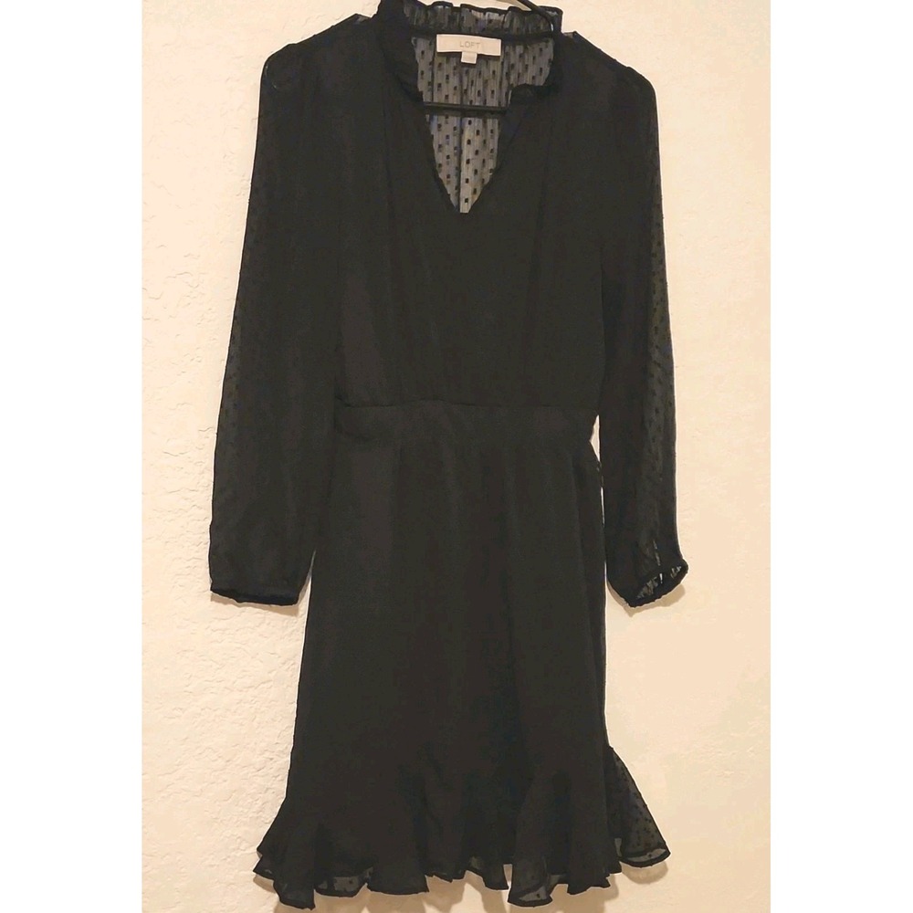 LOFT Black Polka Dot Chiffon V-Neck Long Sleeve Ruffle Hem Dress Size 2